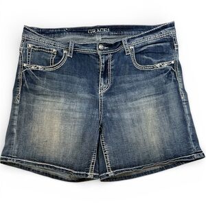 Grace in LA Rhinestone Embroidered Bermuda Denim Shorts Size 18